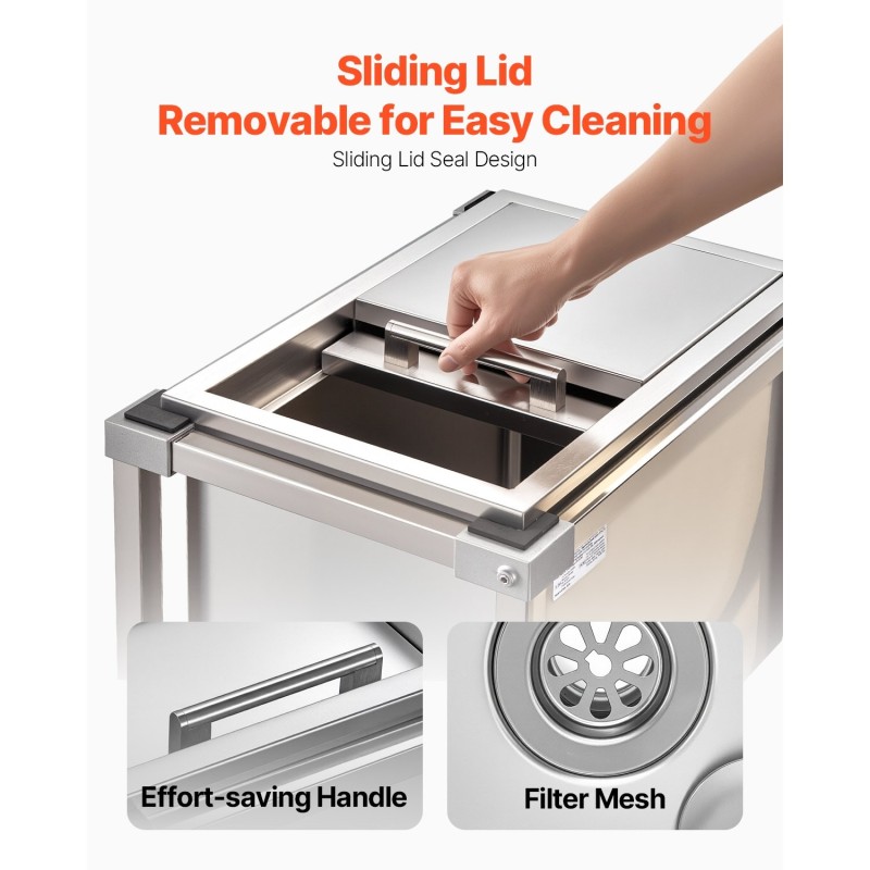 Ruostumaton teräksinen kylmävaunu 28 l liukukannella alahyllyllä pyörillä ulkokäyttöön