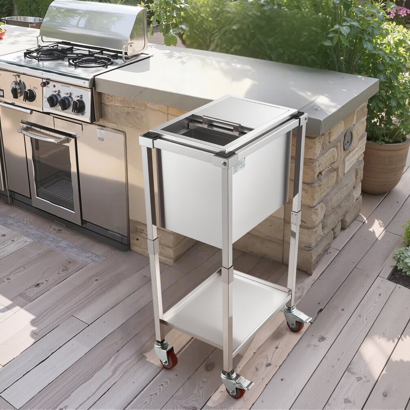 Ruostumaton teräksinen kylmävaunu 28 l liukukannella alahyllyllä pyörillä ulkokäyttöön