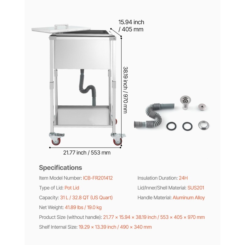 Kylmävaunu ruostumattomasta teräksestä 31 l pyörillä alahylly ulkokäyttöön