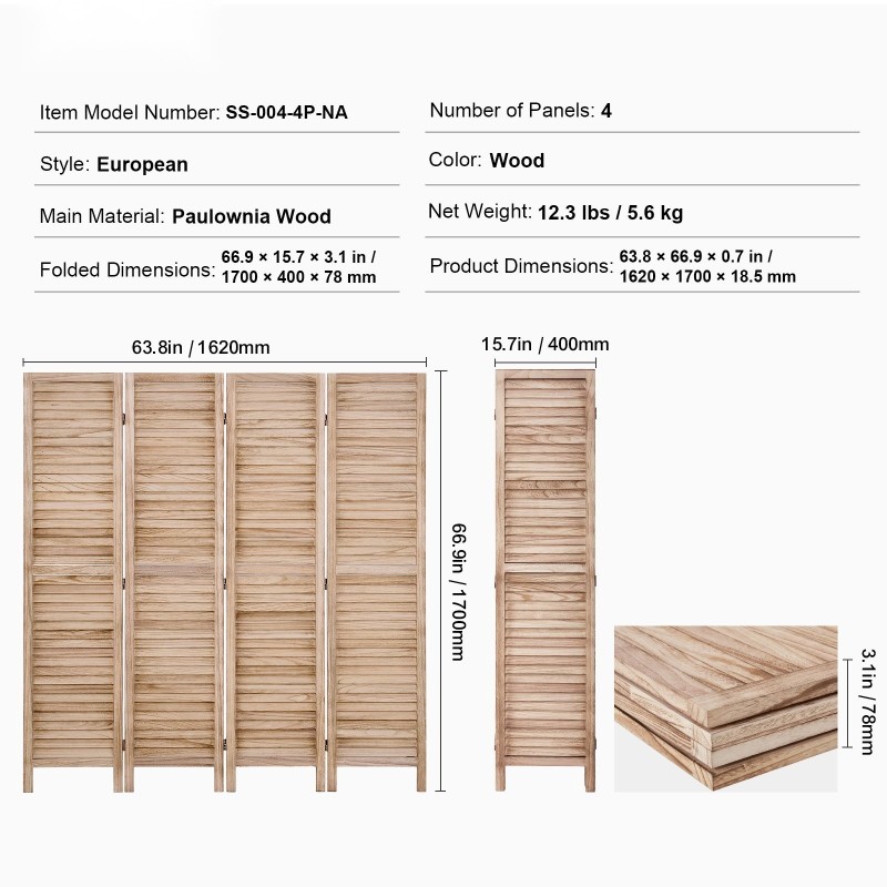 Tilanjakaja 4-paneelinen säleikköinen paulownia 1700 mm korkea sisäkäyttöön