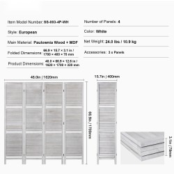Tilanjakaja 4 paneelia paulowniapuuta 170 senttimetriä korkea valkoinen