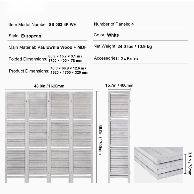 Tilanjakaja 4 paneelia paulowniapuuta 170 senttimetriä korkea valkoinen