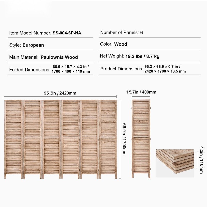 Tilanjakaja keisaripuusta 6-paneelinen taittuva korkeus 170 cm näkösuojaksi