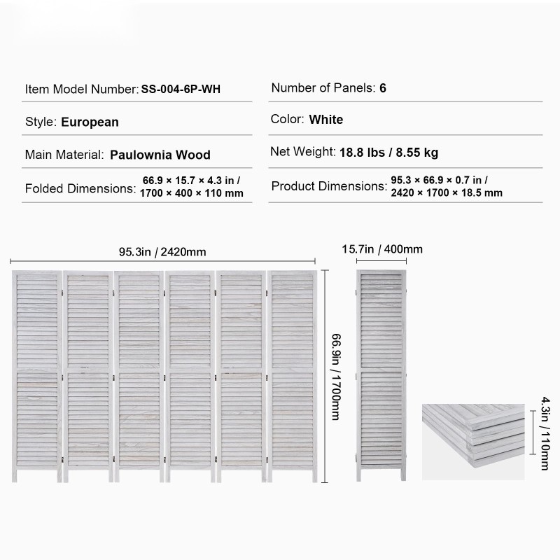 Puinen huoneenjakaja keisaripuusta 6 taittuvaa paneelia korkeus 1700 mm sisäkäyttöön