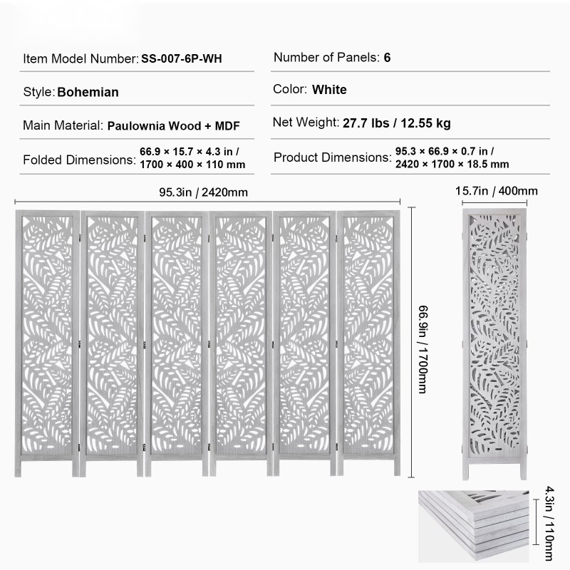 Puinen taitettava tilanjakaja kuudella paneelilla paulownia ja MDF 170 cm sisätiloihin