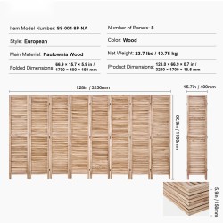 Puinen tilanjakaja 8 paneelia paulowniapuu 1700 mm korkea sisäkäyttöön
