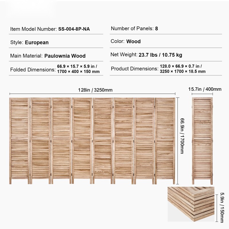 Puinen tilanjakaja 8 paneelia paulowniapuu 1700 mm korkea sisäkäyttöön
