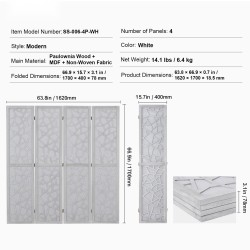 Puinen tilanjakaja paulownia-puuta 4 paneelia 1700 mm valkoinen sisäkäyttöön