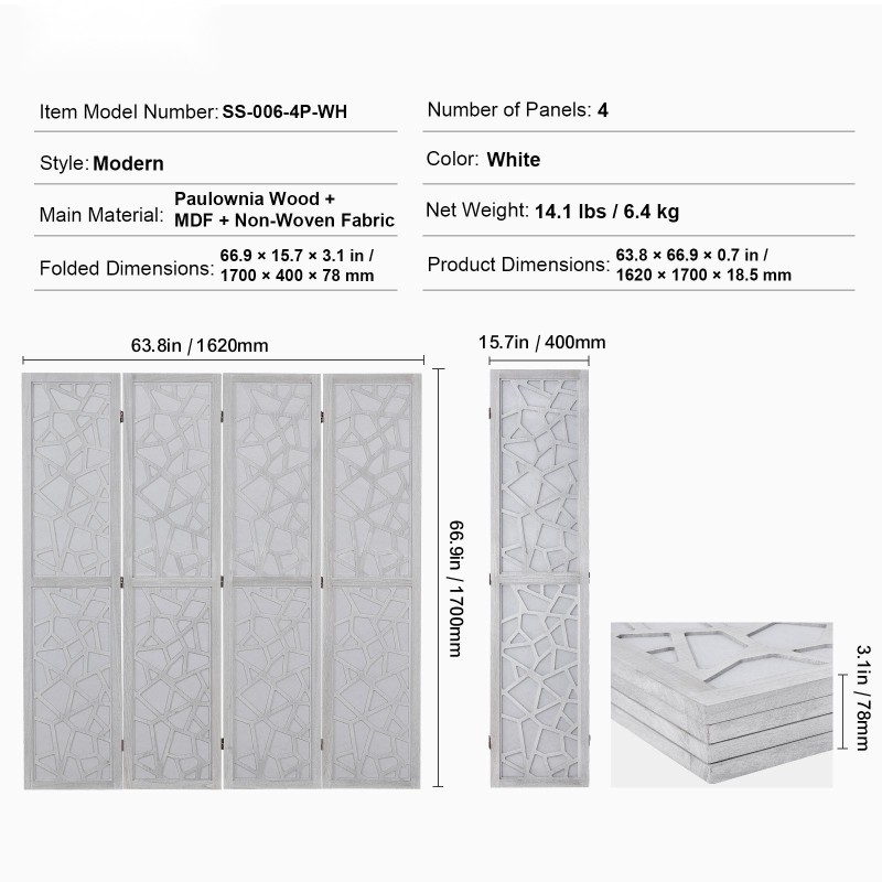 Puinen tilanjakaja paulownia-puuta 4 paneelia 1700 mm valkoinen sisäkäyttöön