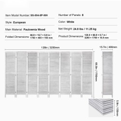 Puinen huoneenjakaja paulownia-puusta 8 paneelia taittuva 170 cm korkea valkoinen