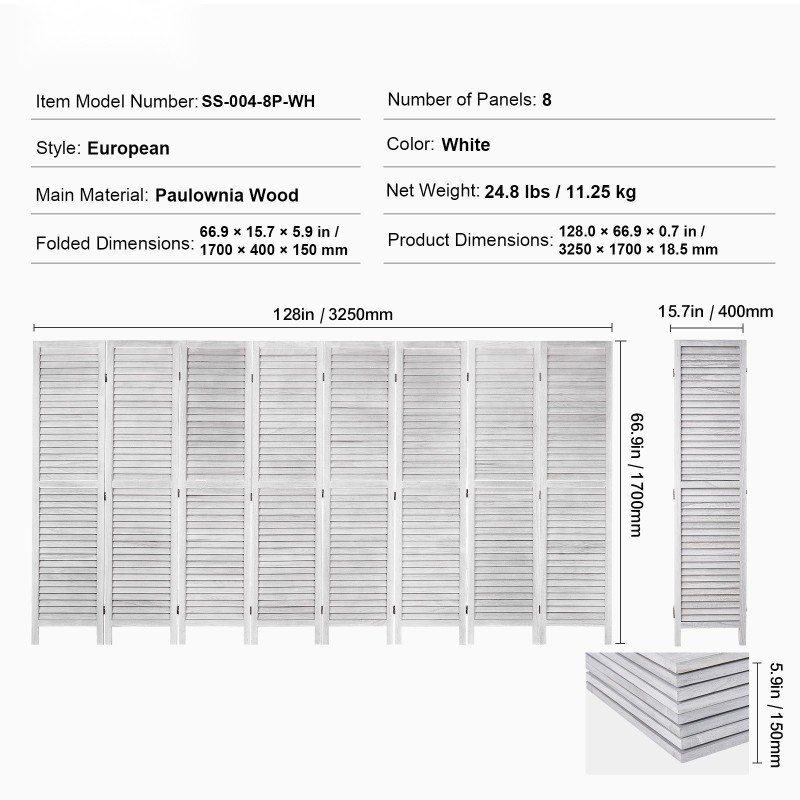 Puinen huoneenjakaja paulownia-puusta 8 paneelia taittuva 170 cm korkea valkoinen