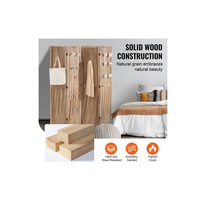 Neliosainen puinen tilanjakaja paulownia ja MDF 170 cm korkea reikälevypinta sisäkäyttöön