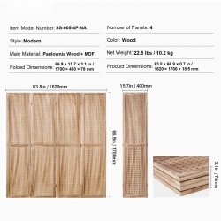 Neliosainen puinen tilanjakaja paulownia ja MDF 170 cm korkea reikälevypinta sisäkäyttöön