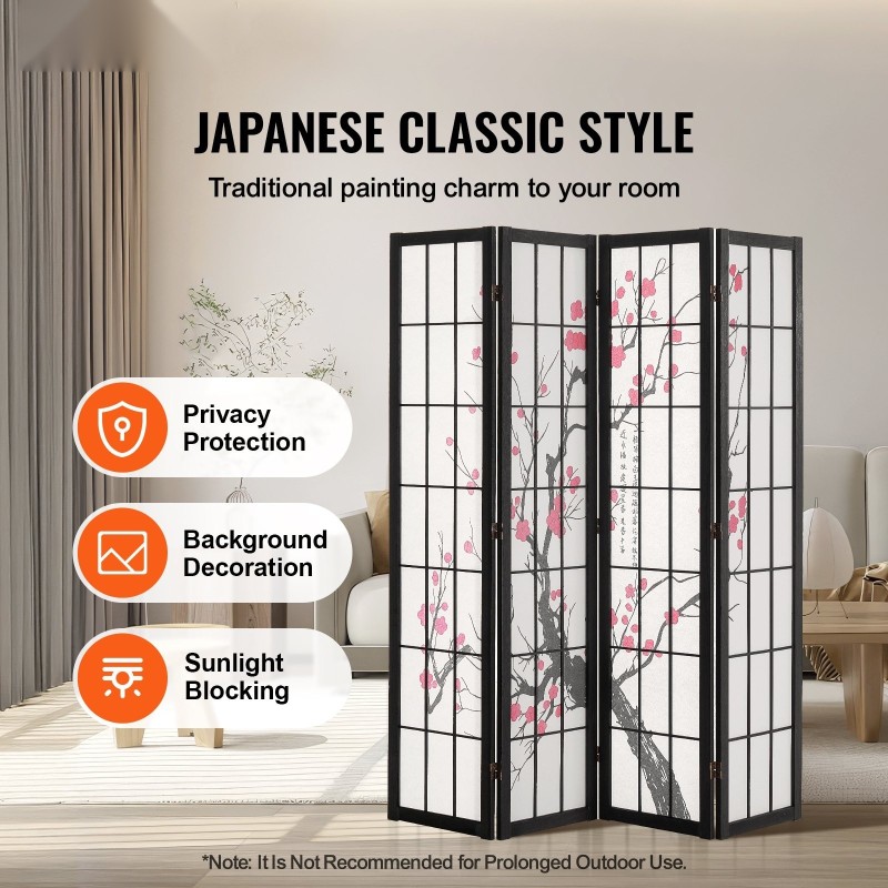 Tilanjakaja 4-paneelinen puurunko musta kirsikankukkakuvio taittuva 1620x1700 mm