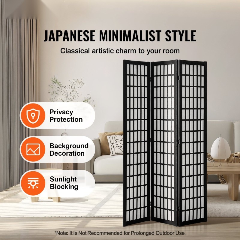 Tilanjakaja 3-paneelinen japanilaistyylinen massiivipuinen runko musta avattuna 1205 x 1700 mm