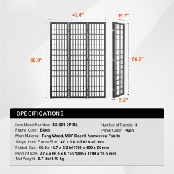 Tilanjakaja 3-paneelinen japanilaistyylinen massiivipuinen runko musta avattuna 1205 x 1700 mm