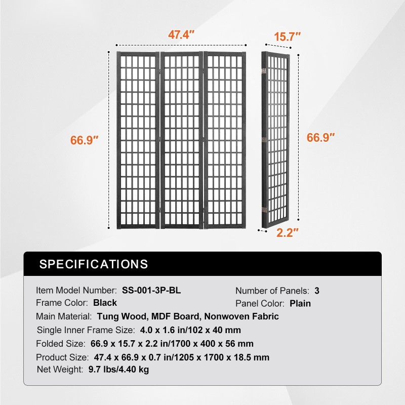 Tilanjakaja 3-paneelinen japanilaistyylinen massiivipuinen runko musta avattuna 1205 x 1700 mm