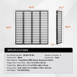 Tilanjakaja 4 paneelinen japanilaistyylinen massiivipuu kuitukangas musta runko
