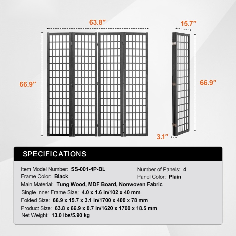 Tilanjakaja 4 paneelinen japanilaistyylinen massiivipuu kuitukangas musta runko