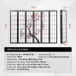 6-paneelinen puinen tilanjakaja japanilaistyylinen kirsikankukkakuvio kuitukangas tukeva runko sisäkäyttöön