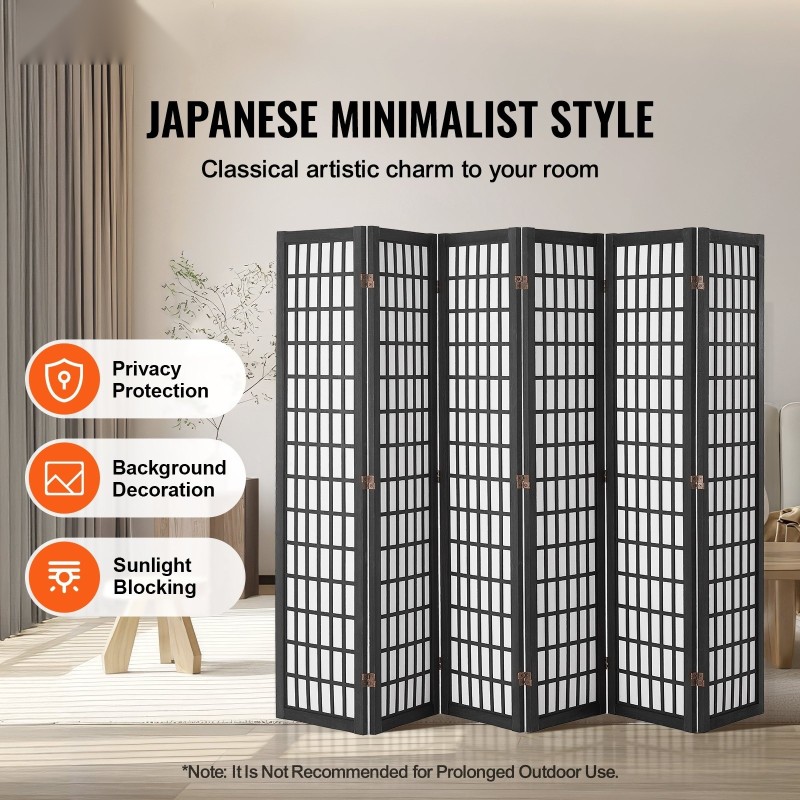 Tilanjakaja 6-paneelinen japanilaistyylinen taitettava paulownia runko musta kuitukangas sisäkäyttöön