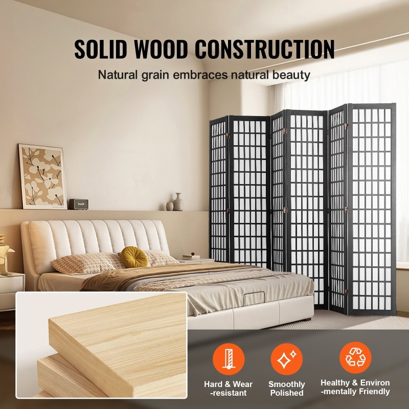 Tilanjakaja 6-paneelinen japanilaistyylinen taitettava paulownia runko musta kuitukangas sisäkäyttöön