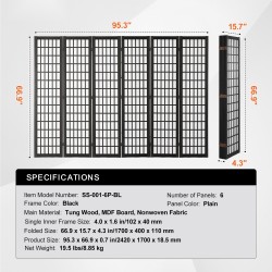 Tilanjakaja 6-paneelinen japanilaistyylinen taitettava paulownia runko musta kuitukangas sisäkäyttöön