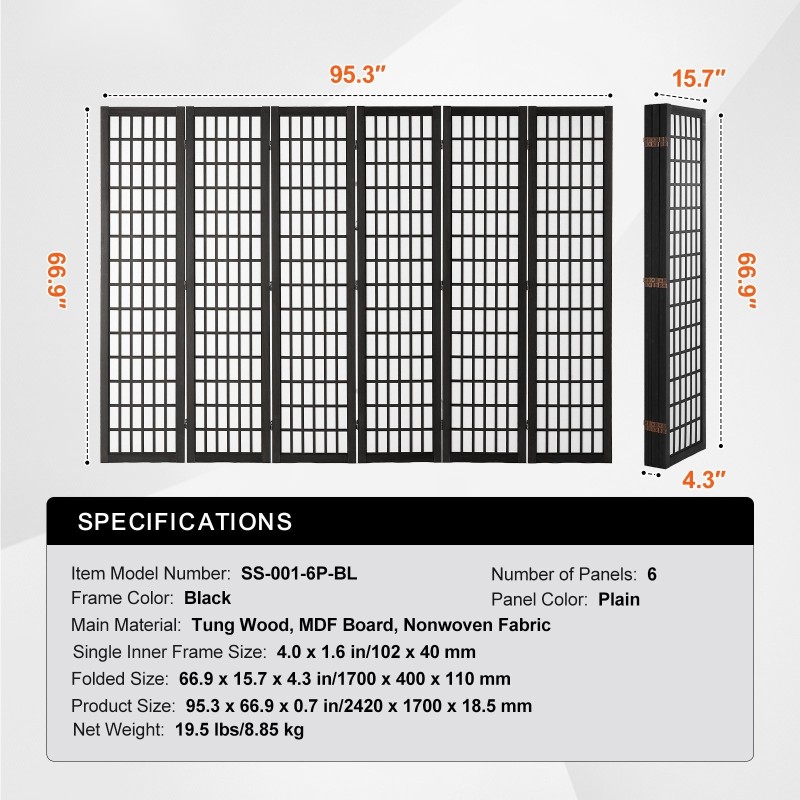 Tilanjakaja 6-paneelinen japanilaistyylinen taitettava paulownia runko musta kuitukangas sisäkäyttöön