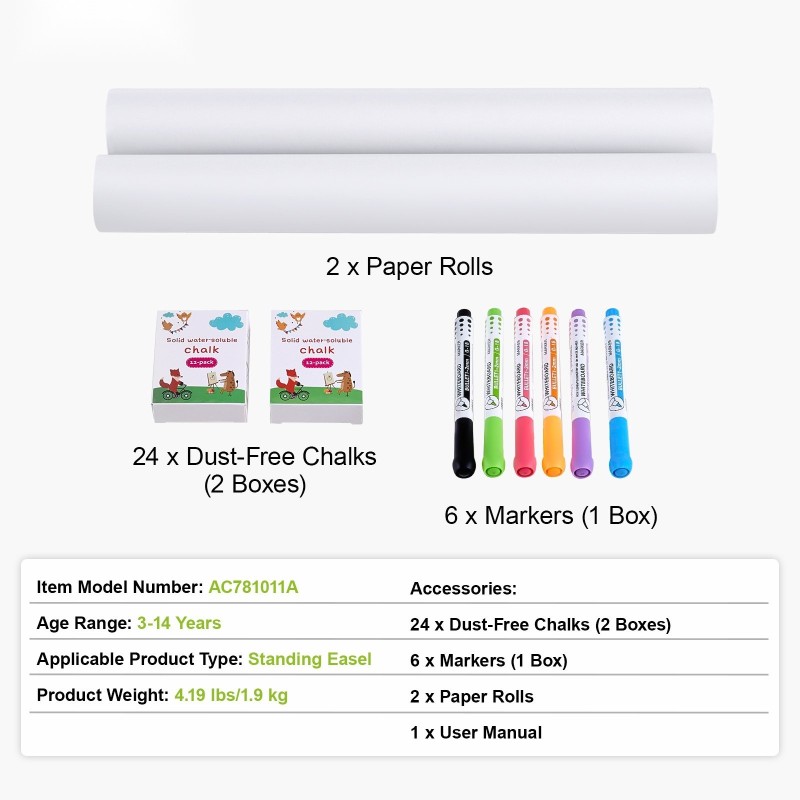 Seisovan piirustustelineen tarvikesetti 32 osaa 24 liitua 6 tussia 2 paperirullaa