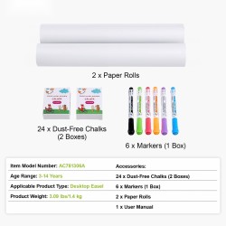 Maalaustelineen tarvikesarja 32 osaa 24 pölytöntä liitua 6 taulutussia 2 paperirullaa