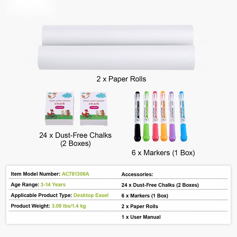 Maalaustelineen tarvikesarja 32 osaa 24 pölytöntä liitua 6 taulutussia 2 paperirullaa