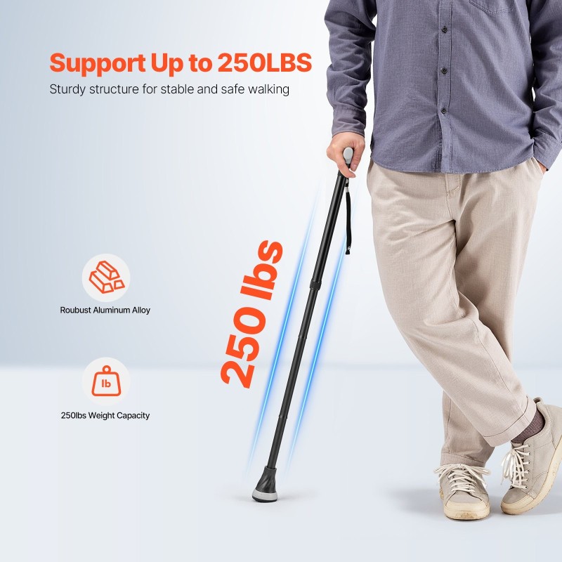 Alumiininen taittuva kävelykeppi kahdeksanportaisella korkeussäädöllä luistamattomalla kumikärjellä 113 kg kantokyky