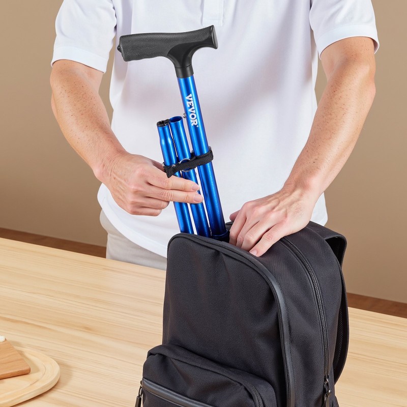 Taittuva alumiininen kävelykeppi 8-portainen 770–940 mm 4-haarainen jalusta kantavuus 113 kg sininen