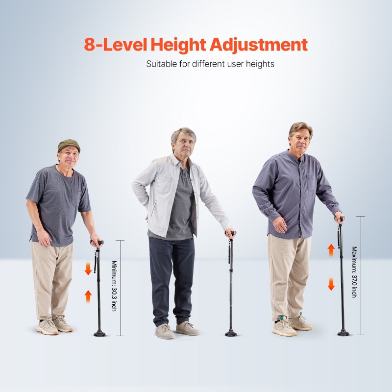 Taittuva kevyt alumiinirunkoinen kävelykeppi neljähaarainen kääntyvä jalusta kahdeksanportainen korkeussäätö enimmäiskuormitus