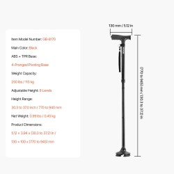 Taittuva kevyt alumiinirunkoinen kävelykeppi neljähaarainen kääntyvä jalusta kahdeksanportainen korkeussäätö enimmäiskuormitus