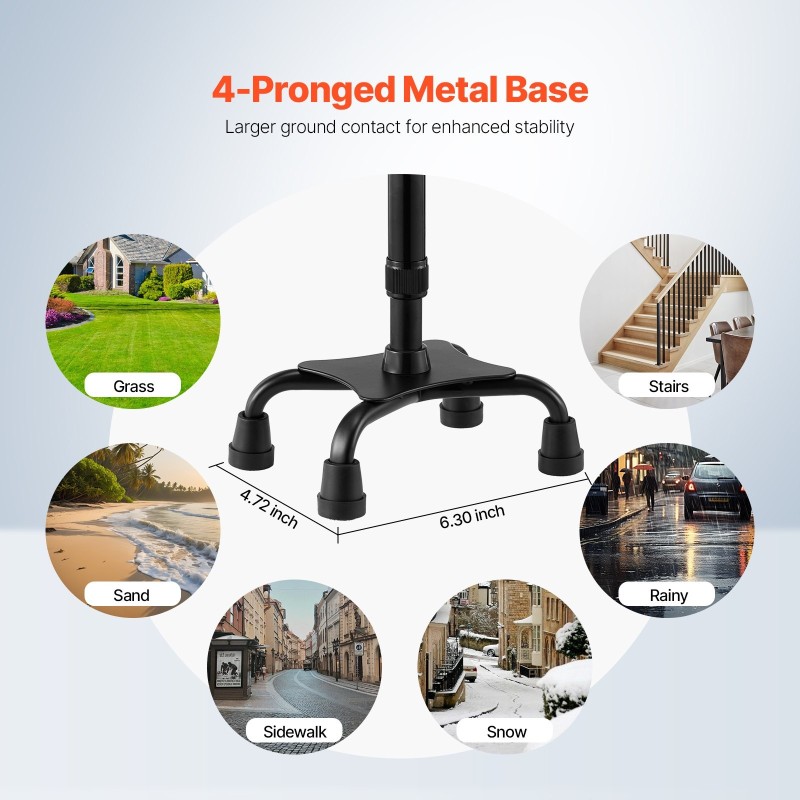 Kävelykeppi alumiinirunko 10-portainen korkeussäätö nelikärkinen jalusta 113 kg kantavuus