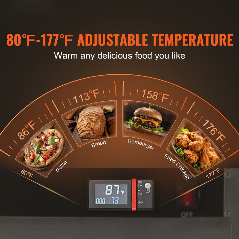 5-tasoinen ruokienlämmityskaappi ruostumatonta terästä lasisilla ovilla ja säädettävillä hyllyillä vesisäiliöllä