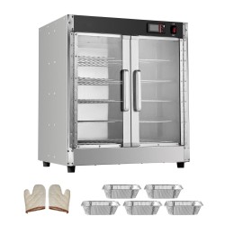 5-tasoinen ruokienlämmityskaappi ruostumatonta terästä lasisilla ovilla ja säädettävillä hyllyillä vesisäiliöllä