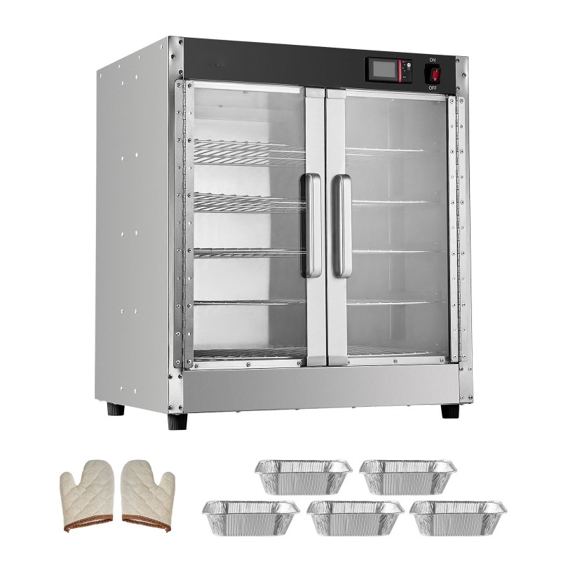 5-tasoinen ruokienlämmityskaappi ruostumatonta terästä lasisilla ovilla ja säädettävillä hyllyillä vesisäiliöllä