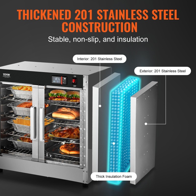 Lämminruokakaappi ruostumattomasta teräksestä 4-tasoinen vesialtaalla kaksiosaisella lasiovella pizzoille