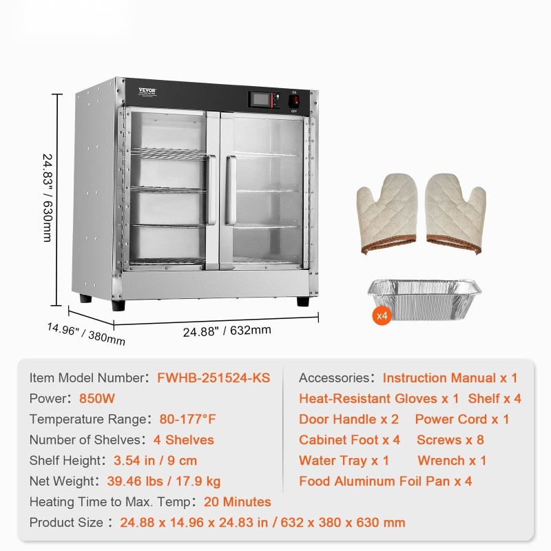 Lämminruokakaappi ruostumattomasta teräksestä 4-tasoinen vesialtaalla kaksiosaisella lasiovella pizzoille