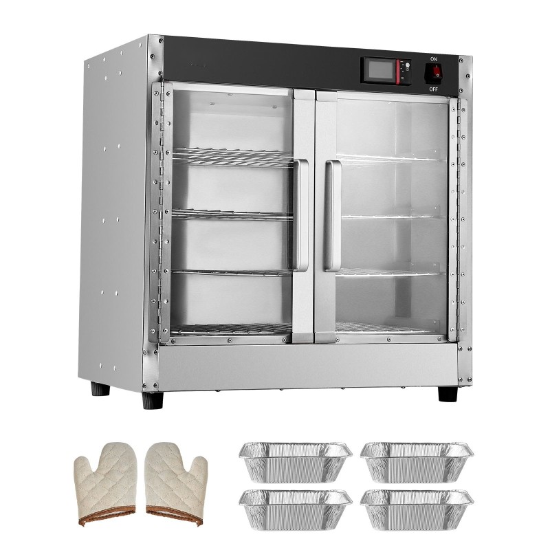 Lämminruokakaappi ruostumattomasta teräksestä 4-tasoinen vesialtaalla kaksiosaisella lasiovella pizzoille