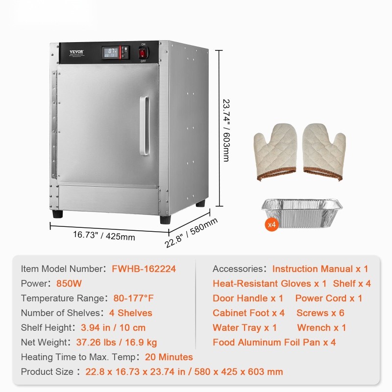 Ruoanlämmityskaappi ruostumatonta terästä 4 tasoa säädettävillä hyllyillä vesialtaalla ammattikäyttöön
