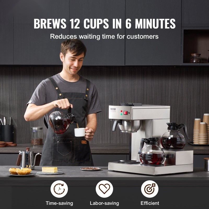 Suodatinkahvinkeitin ruostumattomasta teräksestä ammattikäyttöön 3 lasikannua 3 lämpölevyä