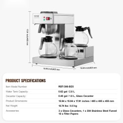 Suodatinkahvinkeitin ruostumattomasta teräksestä ammattikäyttöön 3 lasikannua 3 lämpölevyä