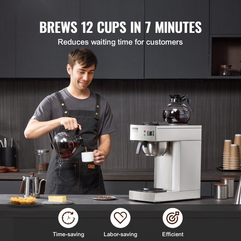 Kaupallinen suodatinkahvinkeitin ruostumaton teräsrunko 12 kupin 2 lasikannua 2 lämmityslevyä