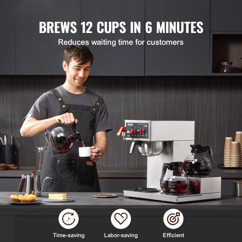 Suodatinkahvinkeitin 12 kupin 3 lasikannulla ja 3 lämmityslevyllä ruostumattomasta teräksestä