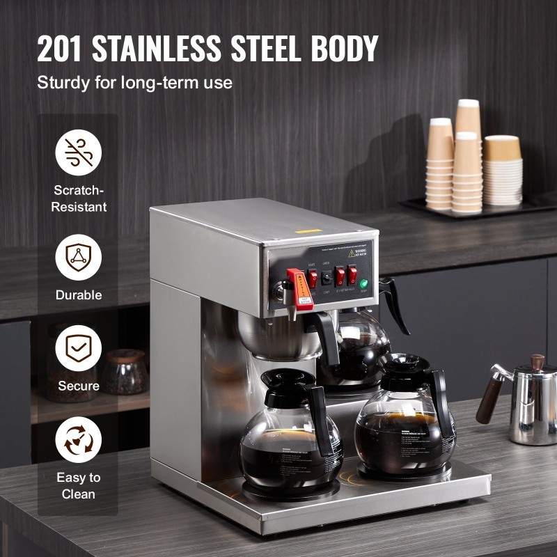 Suodatinkahvinkeitin 12 kupin 3 lasikannulla ja 3 lämmityslevyllä ruostumattomasta teräksestä