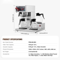 Suodatinkahvinkeitin 12 kupin 3 lasikannulla ja 3 lämmityslevyllä ruostumattomasta teräksestä