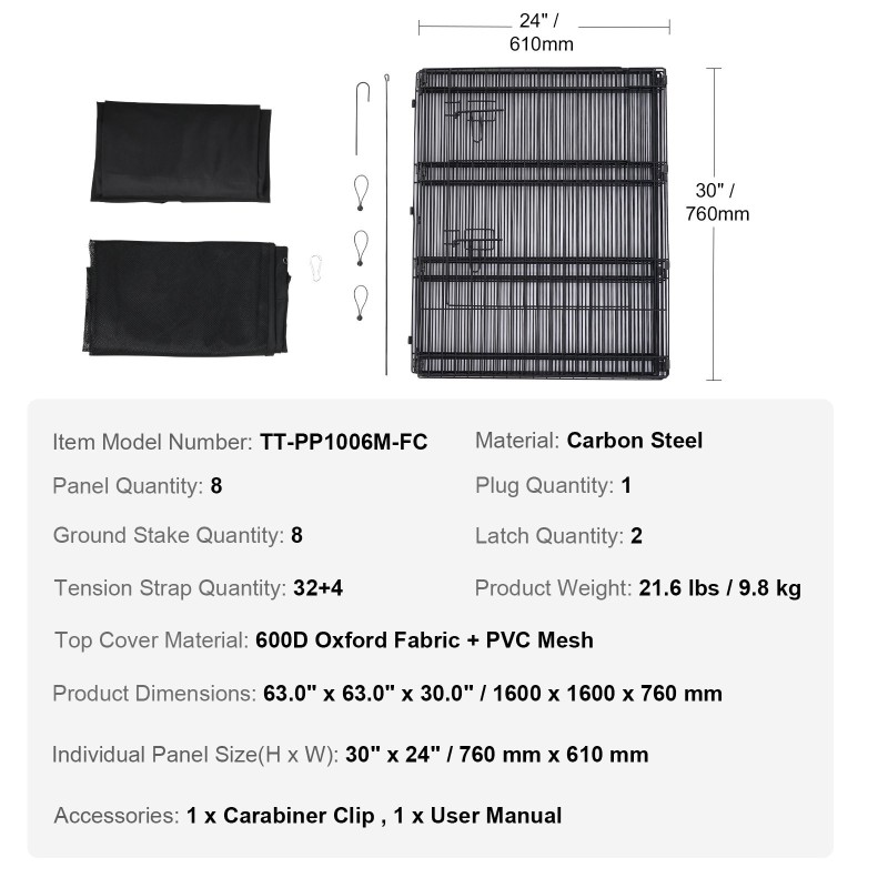 Metallinen lemmikkiaita 8 paneelia 1600x1600x760 mm pohjamatolla ja yläosalla